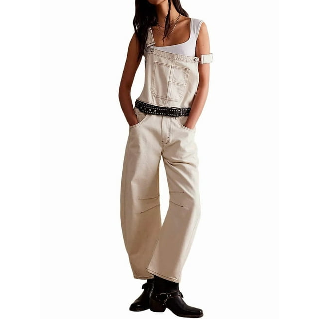 Womens Denim Overalls Loose Fit Leg Adjustable Strap Hip Hop Jean Jumpsuits Cream White S