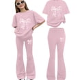 thumbnail image 4 of Back to School Outfits for Girls Girls Clothing Set 2 Piece Bow Graphic Short Sleeve T Shirts Wide Leg Flare Pants Kids Summer Outfit Preppy Tracksuit Clothes, 4 of 5