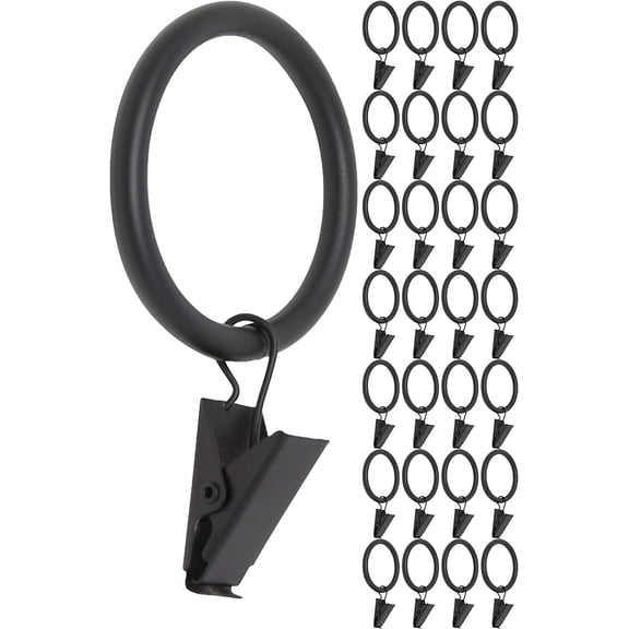 MERIVILLE Drapery Curtain Rings with Clip - 1.5-Inch Inner Diameter, Fits Up to 1 1/4-Inch Rod, Set of 28, Black Finish