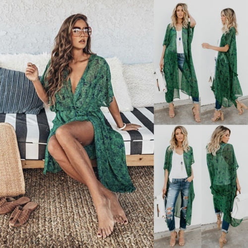 Women´s Leaves Print Chiffon Kimono Cardigan Open Front Maxi Dress with Belt Green