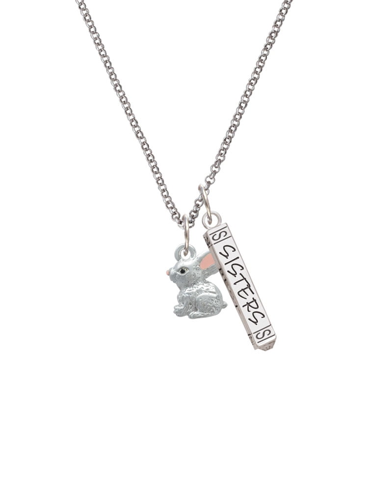 Delight Jewelry Silvertone 3-D Bunny Silvertone Sisters Best Friends Forever Bar Charm Necklace, 23"