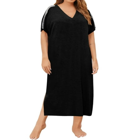 

Langwyqu Women Plus Size V-Neck Short Sleeve Loose Sleeping Dress Nightgown