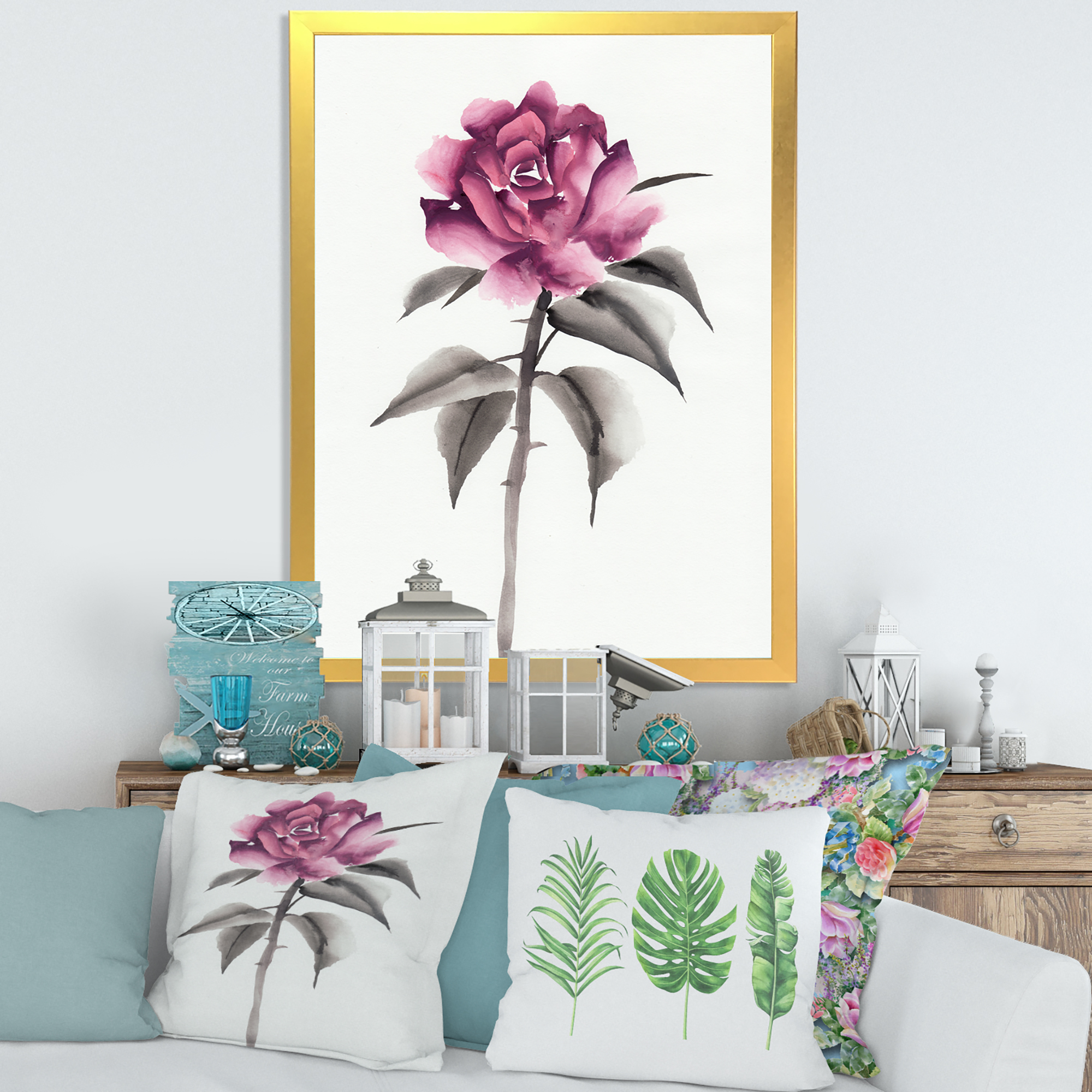 Designart 'Ancient Pink Rose Flower' Traditional Framed Art Print