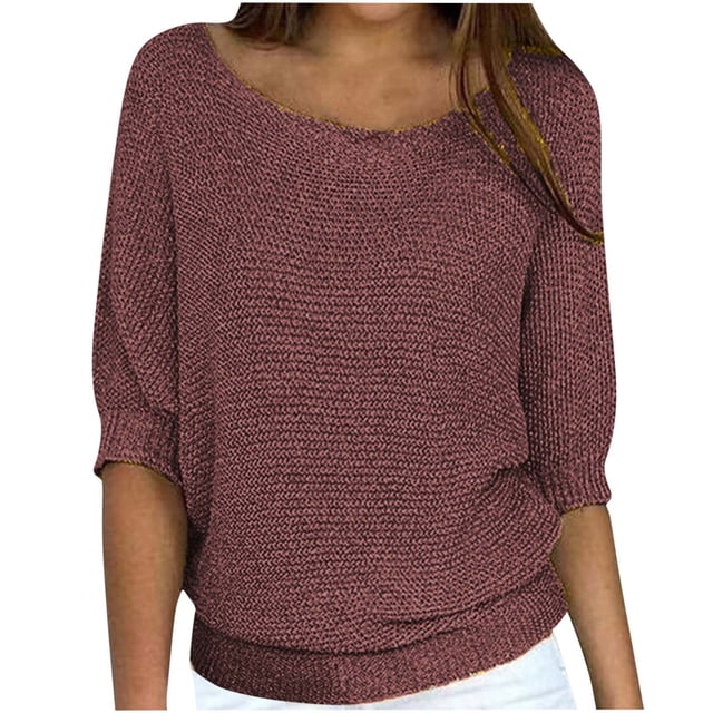 ¡Superofertas navideñas! Suéteres Umfun para mujer, sueltos, informales, de punto, lisos, estampados, cuello redondo, mangas 3/4, suaves al tacto, ligeros, marrón, talla 3XL
