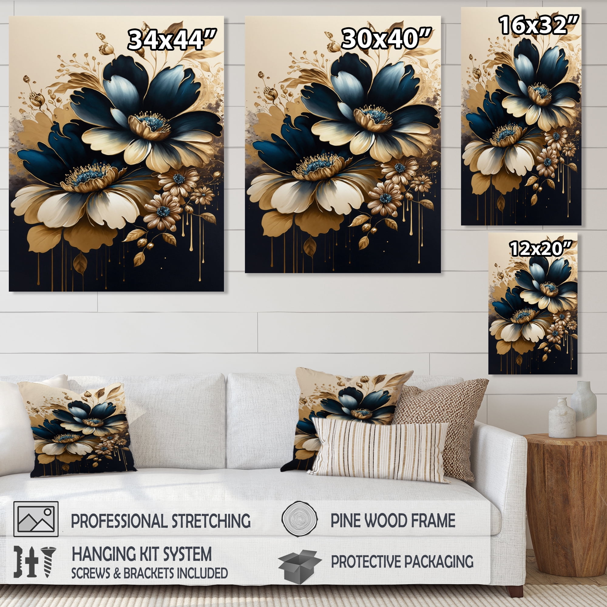 Designart Blue And Gold Daisy Bunch I Canvas Wall Art