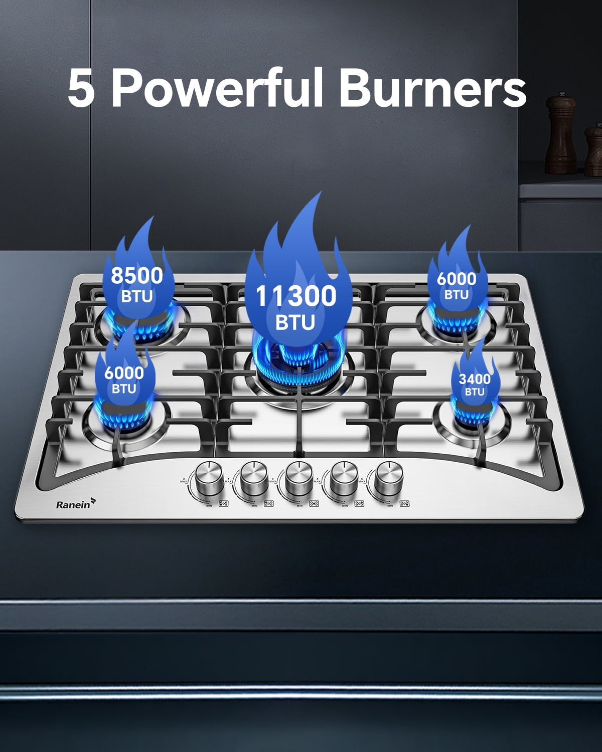 30-Inch 5 Burner Gas Cooktop Stove Top, Built-In Gas Stove, 304 Stainless Steel, NG & LPG Convertible, High-Performance Sealed Burners for Apartment, Indoor, and Portable Kitchens
