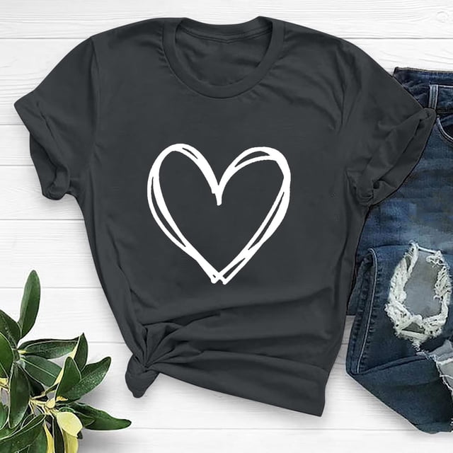 Meichang T-Shirts de la Saint-Valentin pour Femmes avec Imprimé Cœur, Manches Courtes, Col Rond, Coupe Ample
