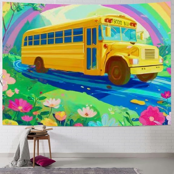 BCIIG School Bus Rainbow Flowers Tapestry Wall Hanging Art Decor 40x30inch
