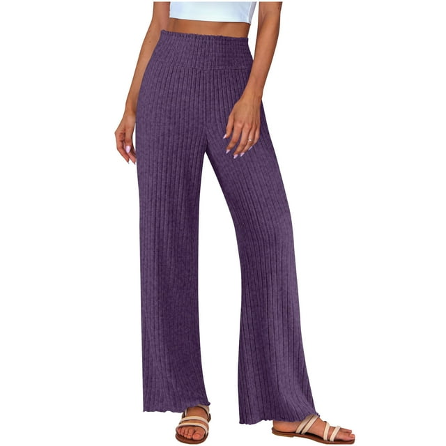 Pcksrro Womens Ribbed Wide Leg Pants With Pockets Casual Comfy Loose Soft Knit Pajama Pants With Drawstring
