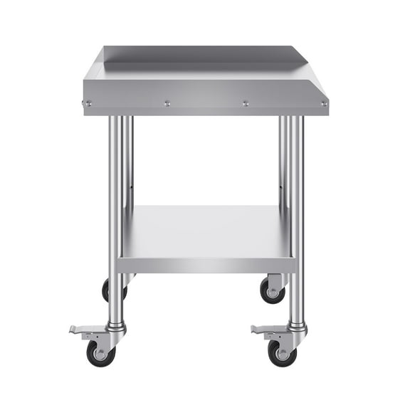 KFFKFF Stainless Steel Work Table, 24 x 24 x 30 Inch Commercial Food Prep Table with Wheels, 3-Sided Backsplash, Durable Metal Table for Kitchen, Restaurant, or Home Use