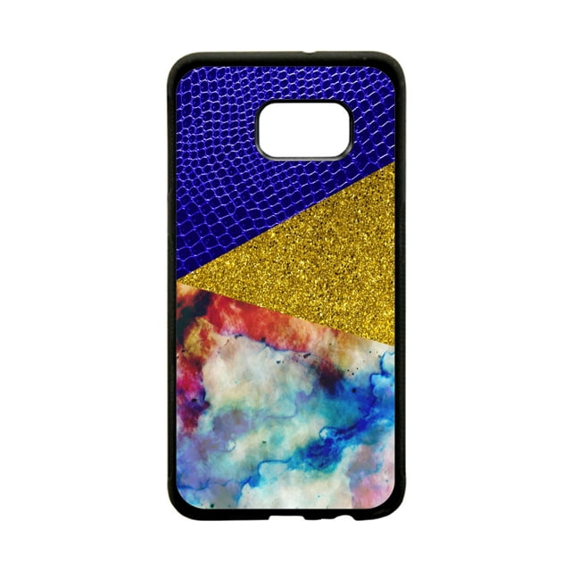 Blue Snakeskin Faux Gold Glitter and Colored Marble Print Design Black Rubber Thin Case TPU Cover for the Samsung Galaxy s6 Edge - Samsung Galaxy s6 Edge Accessories - Galaxy s6 Edge Case
