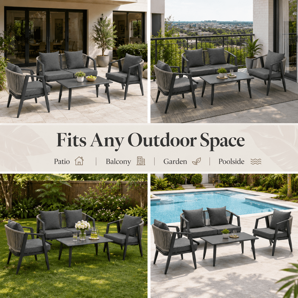 Patio Furniture Set on Sale, 4-Piece Outdoor Conversation Set with Thickened Cushions, Heavy-duty Iron Frame Sectional Sofa Set with Steel Coffee Table for Patio, Lawn, Garden, Balcony & Poolside