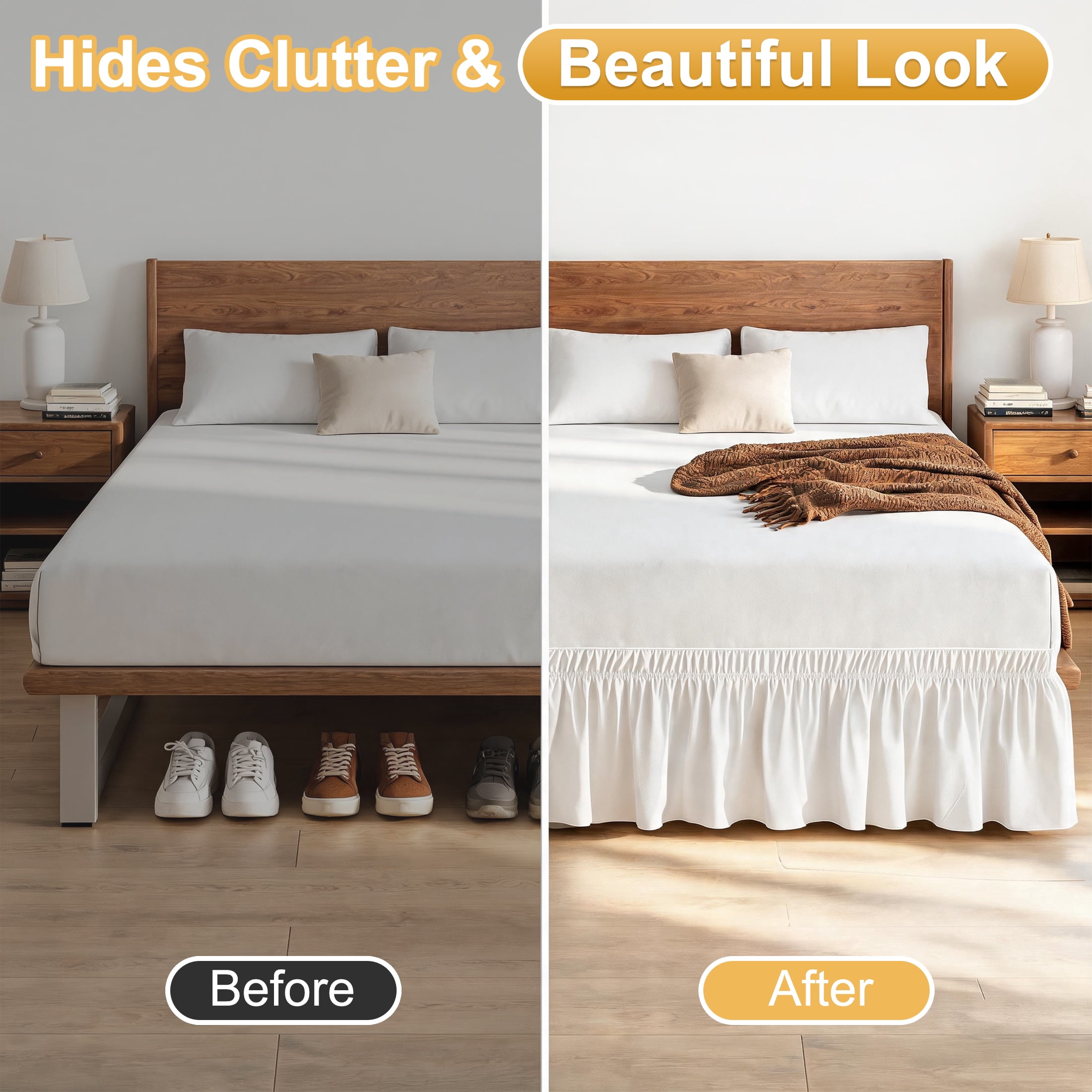 Queen Size Wrap Around Bed Skirt, 15 Inch Drop Elastic Ruffled Bed Skirt, No Lift Mattress Easy‑Fit Dust Ruffle, White Wrinkle Resistant Soft Fabric Bed Skirt