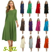 Women Spring Vintage Soild Midi Dress Casual O Neck Half Sleeve Elegant Swing Pleated Basic Party Dress Plus Size Dresses