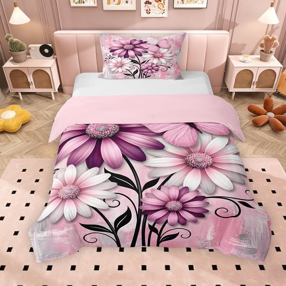 Erosebridal Pink Daisy Twin Bedding for Girls, Watercolor Ombre Duvet Cover Set, Pink Reversible, 2pcs 1 Duvet Cover and 1 Pillowcase, No Comforter