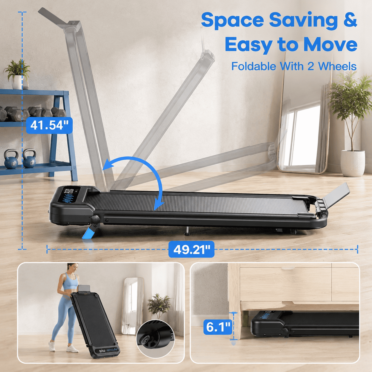 YZRUN Treadmill with Handle Bar, Under Desk Walking Pad with 8% Incline, Foldable Treadmills for Home, 350 LBS Capacity