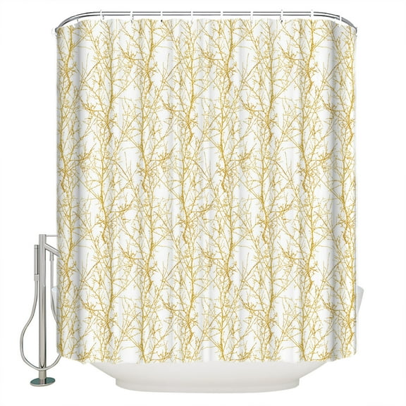Gradient Gold Shower Curtain, 72" x 72", Tree Branch Waterproof Bathroom Curtain Washable Shower Curtain Set with 12 Hooks