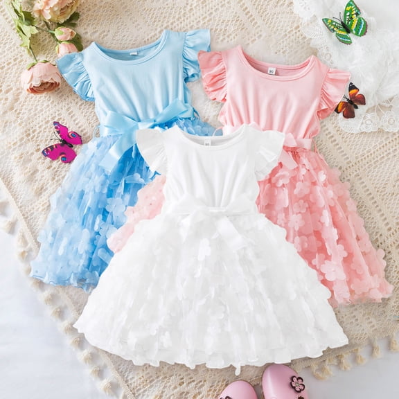 RTKFRFLM Girls Short Sleeve Princess Dress with Floral Decor and Bowknot Kids Mesh Tulle Party Gown Toddler Elegant Formal Special Occasion Celebration Dress Soft Breathable Outfits Pink