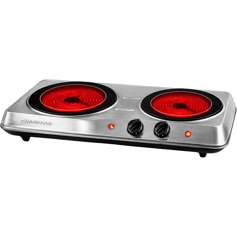 OVENTE Electric Infrared Double Burner, 1700W Hot Plate, Silver BGI102S