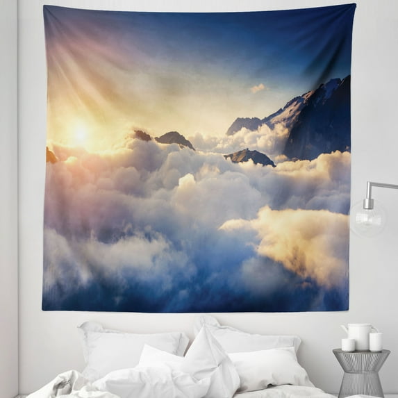 Mountain Tapestry, Mountain View Climbing Above the Clouds Hobby Scenic Outdoors Twilight Hiking, Fabric Wall Hanging Decor for Bedroom Living Room Dorm, 5 Sizes, Beige Navy, by Ambesonne