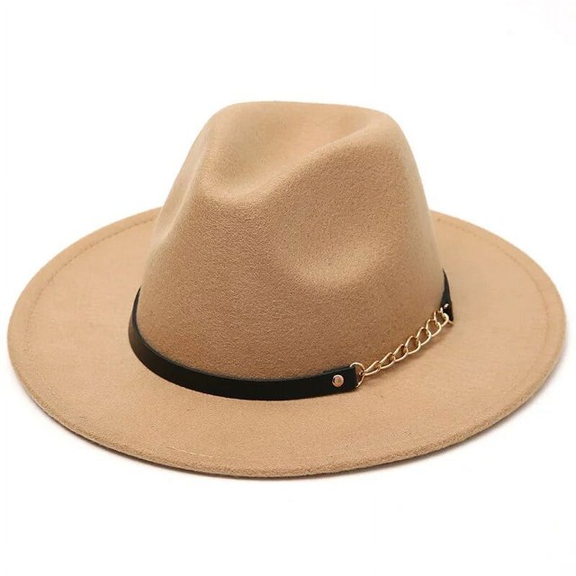 Sombrero de ala grande de fieltro de lana Simple para hombres y mujeres, sombrero de cadena de lana de estilo británico, sombrero de Jazz Retro clásico, moda de otoño e invierno, 1 pieza