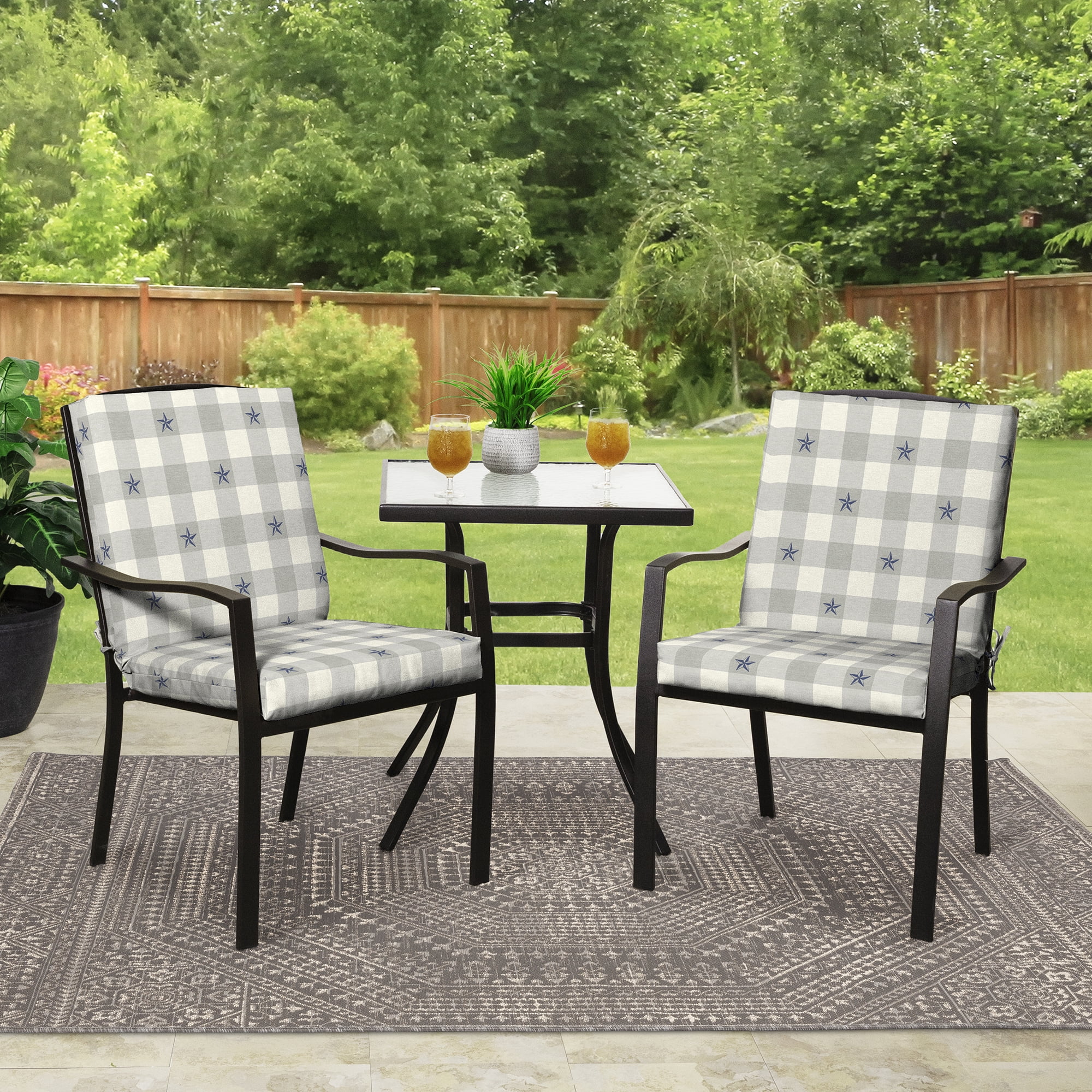 Mainstays 37 in x 19.5 in Texas Gingham 1-Piece Rectangle Outdoor Chair Cushion