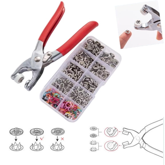 No-Sew Button Repair & Snap Fastener Kit,100 PCS Invisible Colored Metal Buckle & Manual Pressure Pliers Kit, Manual Pliers Tool Included,Tool for Clothing, Hats, Leather Crafting DIY Repair(*100)