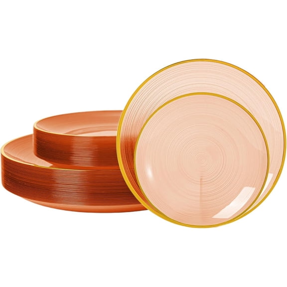 60PCS Orange Plastic Plates with Gold Rim, Elegant Disposable Plates, Circular Ribbed Design, 30 Dinner & 30 Dessert Plate for Parties, Weddings, Banquets and Events (Translucent Orange)