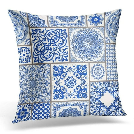 Majolica Pottery - USART Patchwork with Victorian Motives Majolica Pottery Blue and White Azulejo Original Traditional Portuguese Pillow Cover 16x16 Inches Throw Pillow Case Cushion Cover