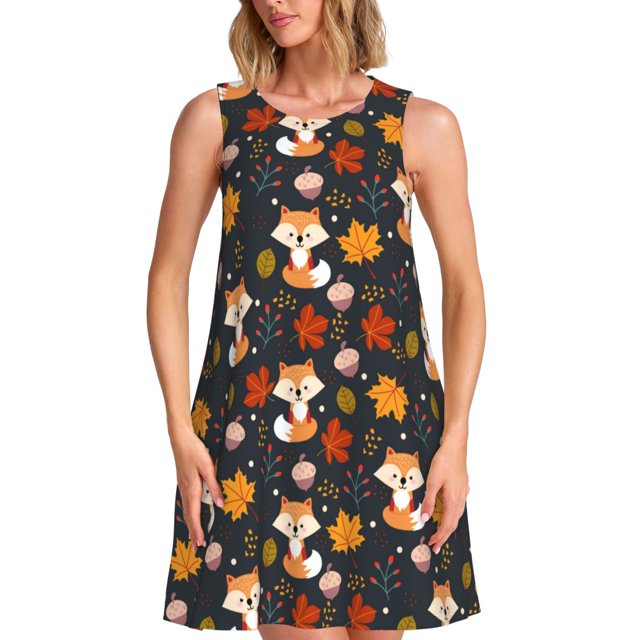 Easygdp Autumn Fox para Vestido Transpirable de Mujer, Vestido Suelto de Manga Corta con Pliegues y Bolsillos para el Verano