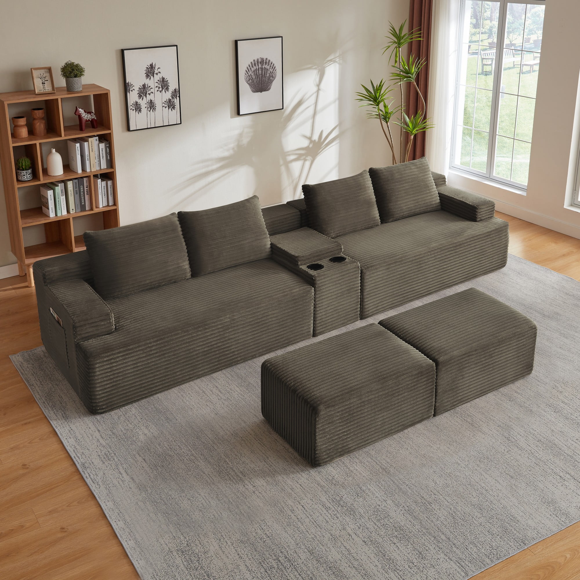 BSHTI 140.6" 5-Seat Corduroy U Shape Sectional Sofa with Cup Holder, Modular Design, No Assembly for Living Room（Brown）