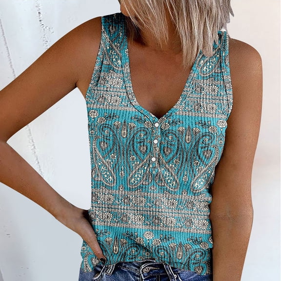 Fshinging Womens Tank Top Vintage Boho Casual Print Button V Neck Sleeveless Summer Clothes 2026 Green L