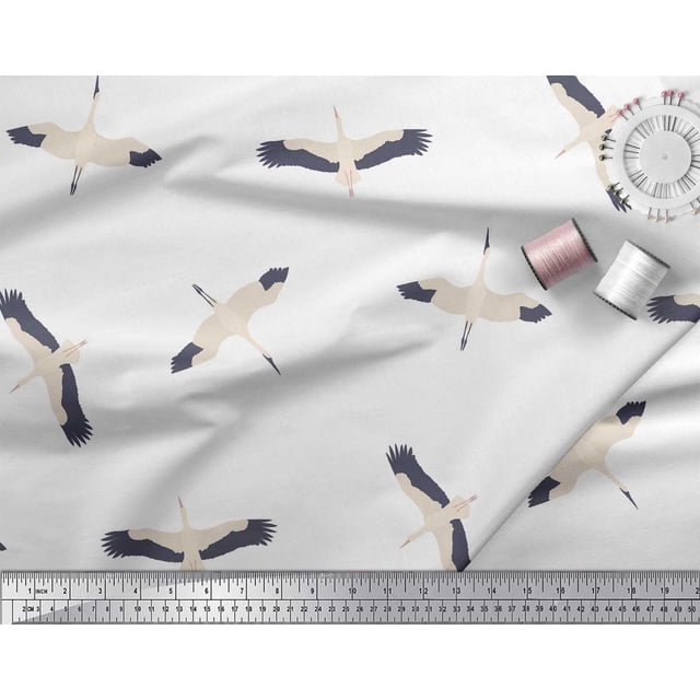 Soimoi White Poly Georgette Fabric Flying Stork Bird Printed Fabric 1 Yard 42 Inch Wide