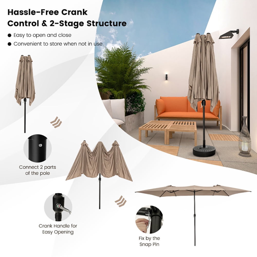 Aimee Lii 15 Feet Double-Sized Patio Umbrella with Crank Handle and Vented Tops, Sunbrella Patio Umbrellas, Brown
