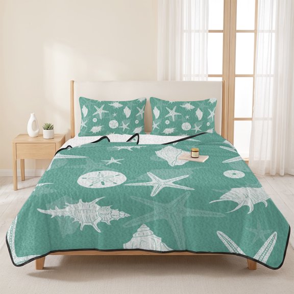 Queen Quilt Set, Summer Sea Starfish Conch Lightweight Quilt Sets Summer Comforter Coverlets with 2 Pillow Shams, Marine Life on Green Background Breathable 3 Piece Bedding Set for All Seasons
