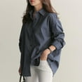 thumbnail image 2 of Womens New Mid-Length Striped Shirt Stylish Loose Long-Sleeved Top Blue M YIWEI, 2 of 11
