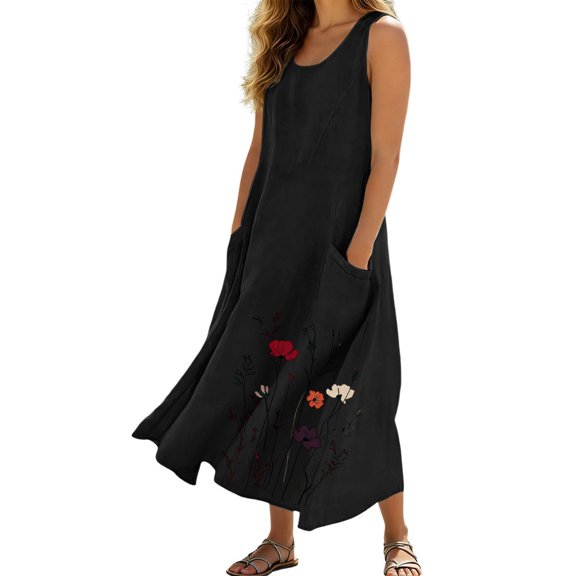 Womens Ankle Length Dress Floral Sleeveless V Neck Casual Pockets Summer Beach Black L