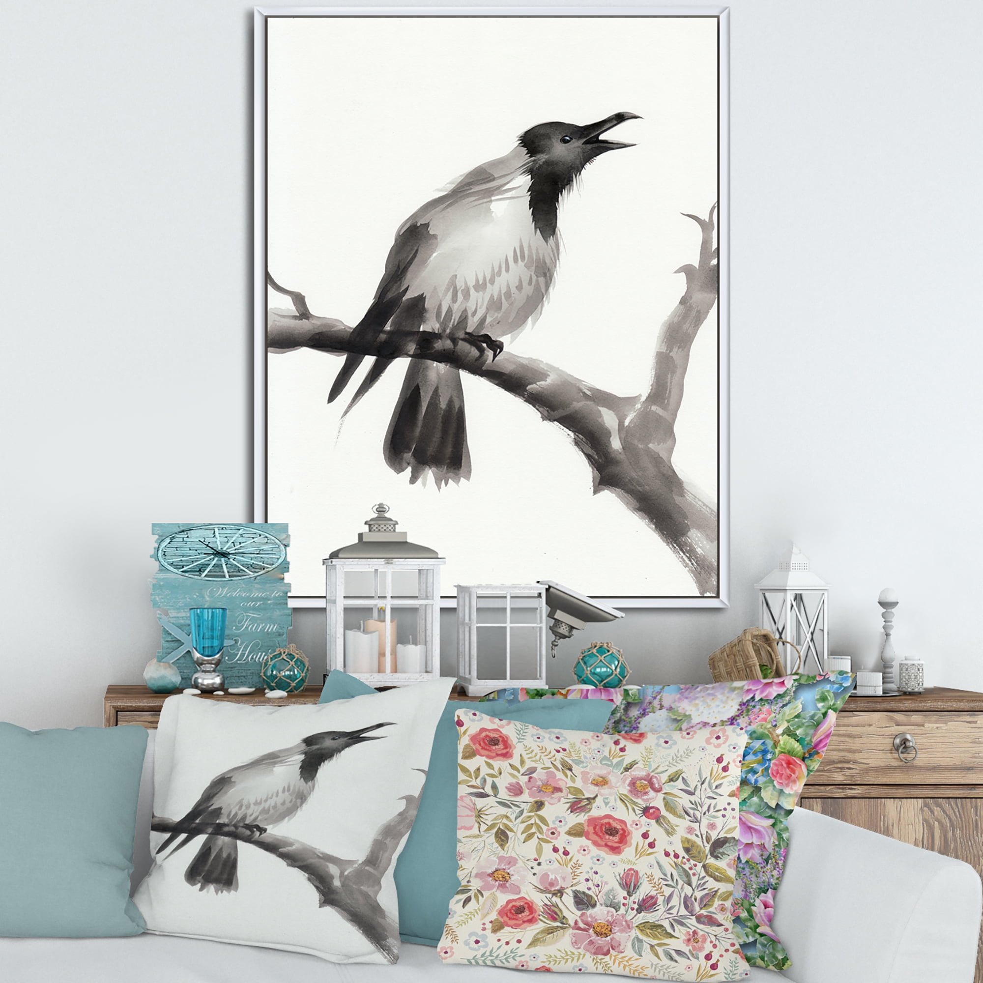 Monochrome Crying Crow On A Branch 16 in x 32 in Framed Painting Canvas Art Print, by Designart