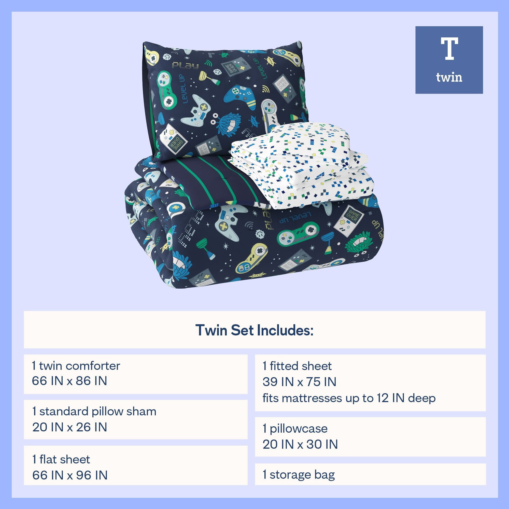 Mainstays Kids Glow in the Dark Gamer Reversible Comforter Set with Sheets, Twin, 5 Pieces