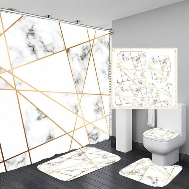 Aosijia 4 Pcs Marble Shower Curtain Sets Bathroom Sets with Shower Curtain and Rugs and Accessories Rug Toilet Lid Cover and Non-Slip U Shape Mat Waterproof Shower Curtain with 12 Hooks
