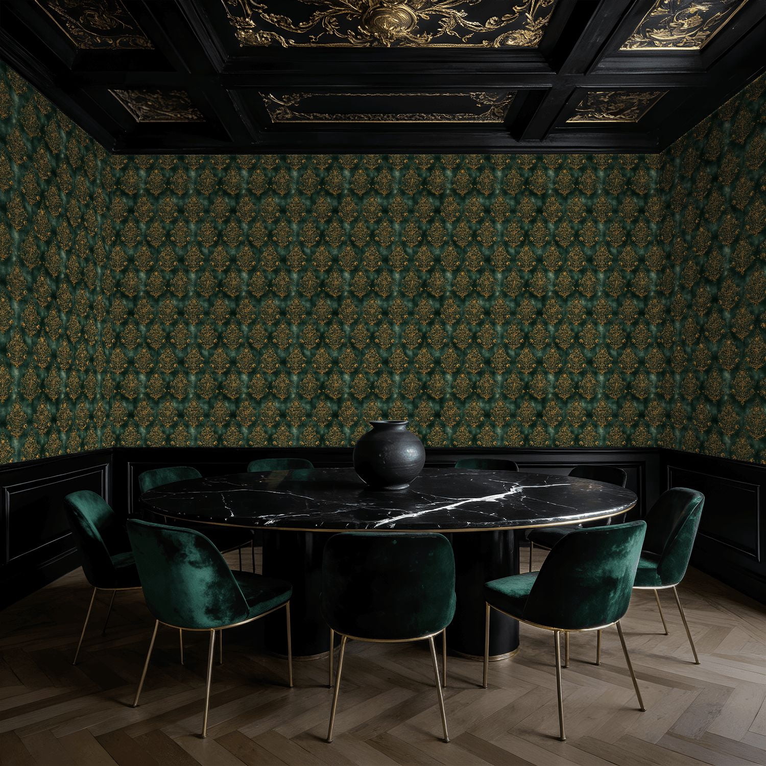 Peel and Stick Wallpaper Baroque Elegant Vintage Gold Floral Damask Dark Green Wall Mural 17.7in x 9.8ft Self Adhesive Removable Wall Paper Renter Friendly Wallpaper for Nursery Bedroom Cabinets