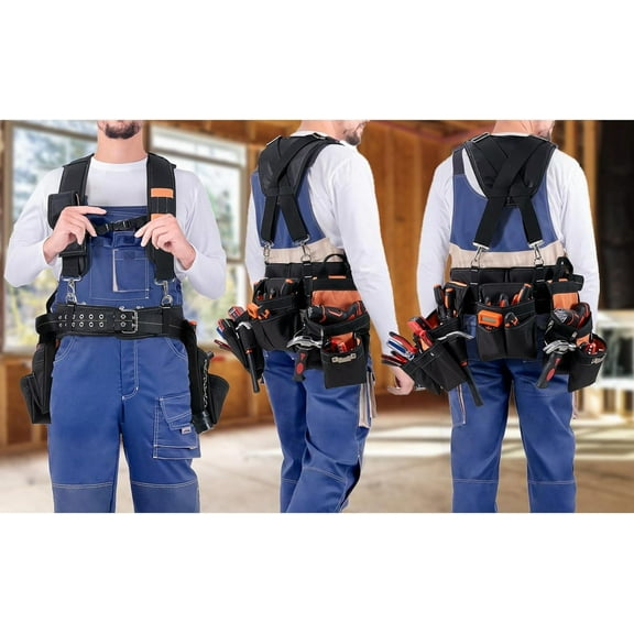 Tool Belt With Suspenders - 22 Pockets Heavy Duty Work Belt for Men, Orange Tool Organizer for Carpenter Electrician Construction