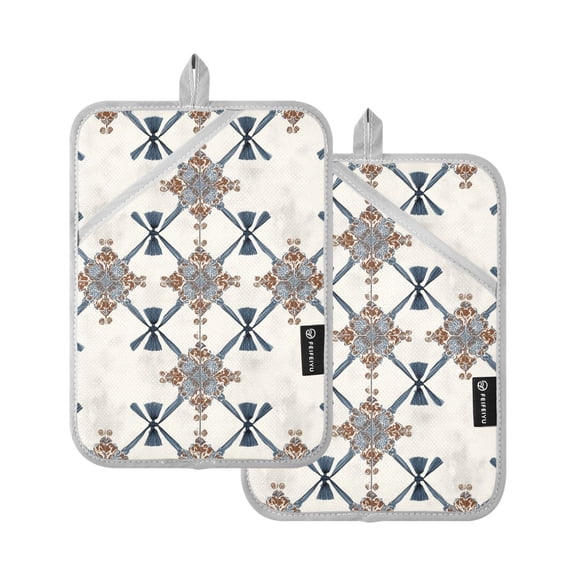 Elegant Tile Pattern with Tassels Potholders Heat Resistant Pot Holder Set of 2 Oven Hot Pads with Pocket