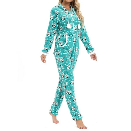 

Pudcoco Women Winter Flannel Pajamas Long Sleeve Printed Hooded Jumpsuits with Pockets Homewear Sleepwear S/M/L/XL