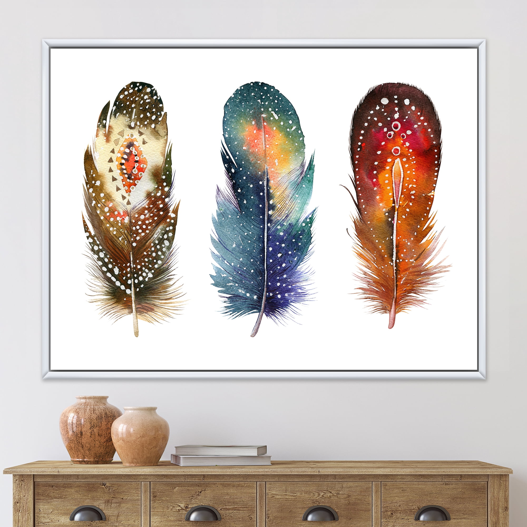 Designart 'Colourful Boho Art Feather Set IX' Bohemian & Eclectic Framed Canvas Wall Art Print