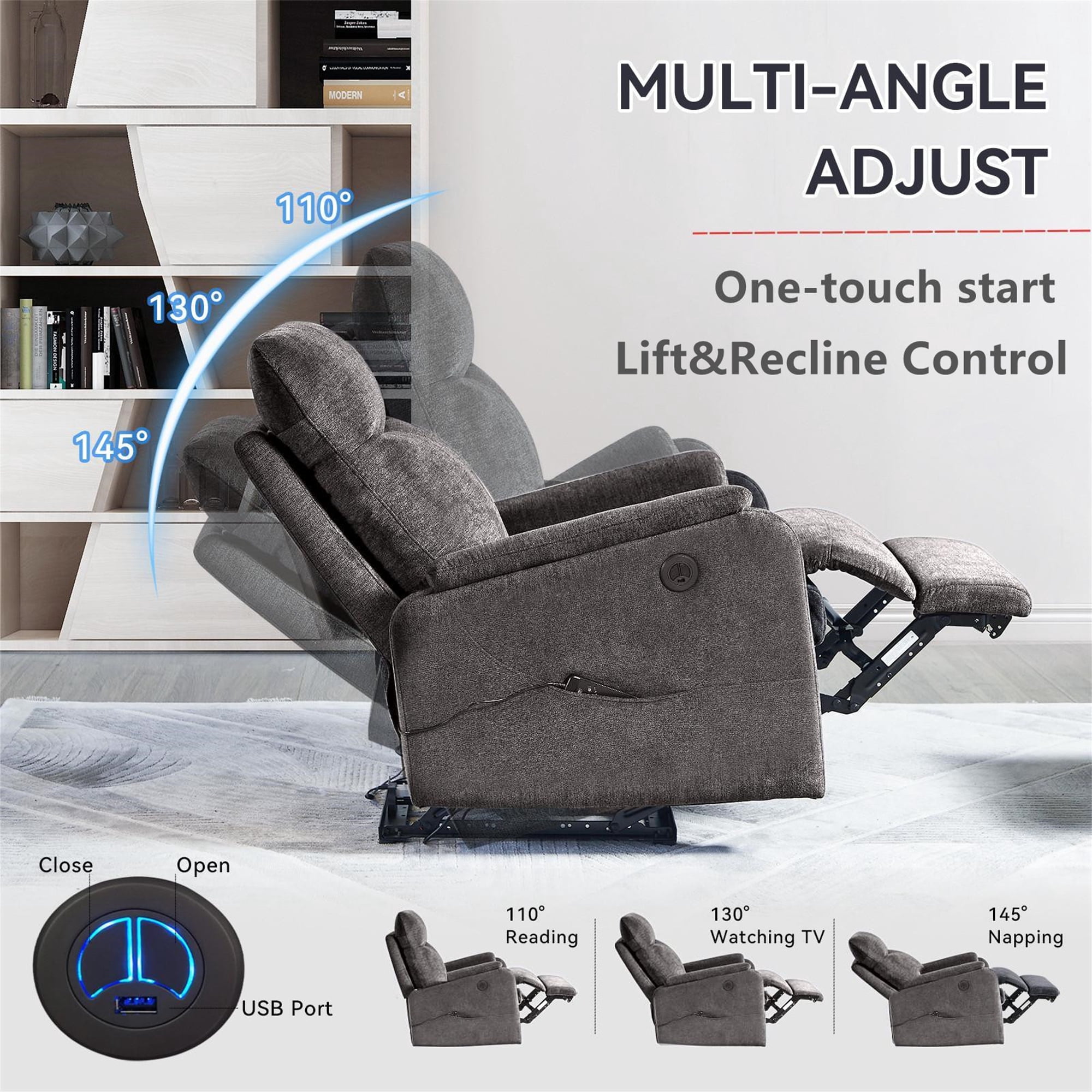 Aukfa Power Lift Recliner Chair with Massage&USB Port for Adult, 2 Side Pockets, Linen, Gray