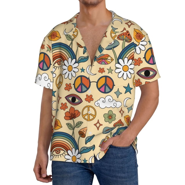 Balery 70s Hippie Style Camisa Casual de Manga Corta con Botones para Hombre, Texturizada, Estilo Cubano, para Playa, Verano-Medium