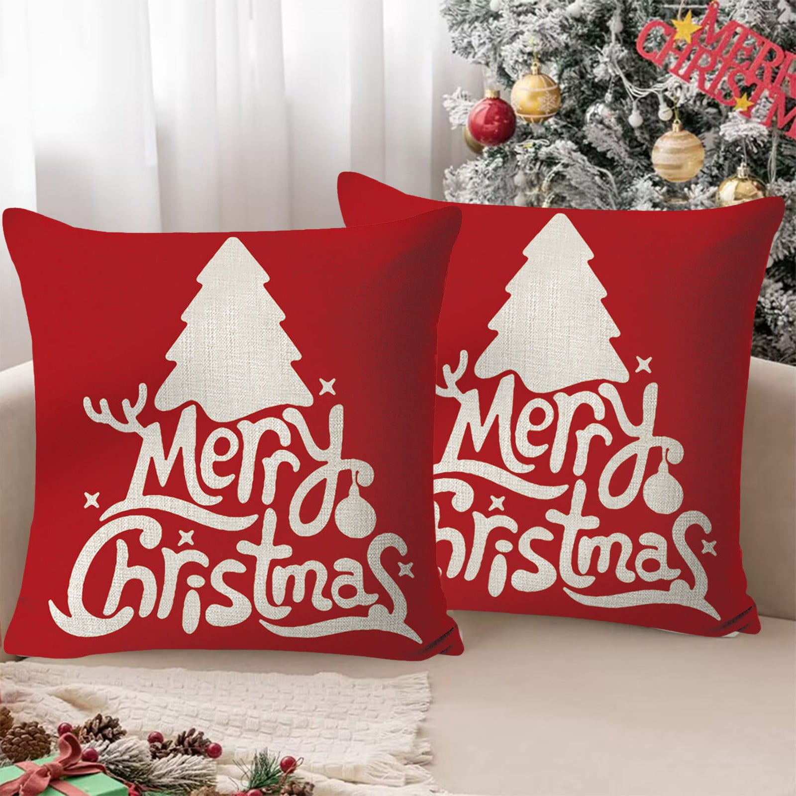 SEGXCFL Christmas Pillow Covers Set Of 4 - 18x18 Inch Pink Linen Holiday Decor With Snowman & Tree Patterns