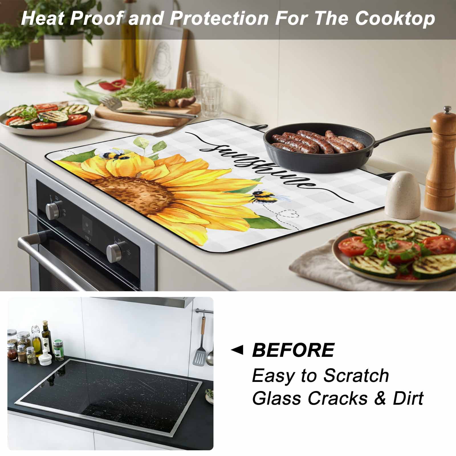 Sunflowers Bees Stove Top Cover for Electric Stove, Heat-proof & Non Slip Glass Top Stove Cover Protector, Grey Check Sunshine Watercolor Floral Kitchen Flat Cooktop Rubber Mat 24x21 Inches