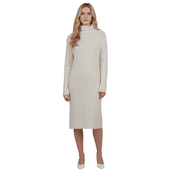Yemak Women's Loose Fit Turtleneck Long Sleeve Sweater Dress Ivory-L-BD